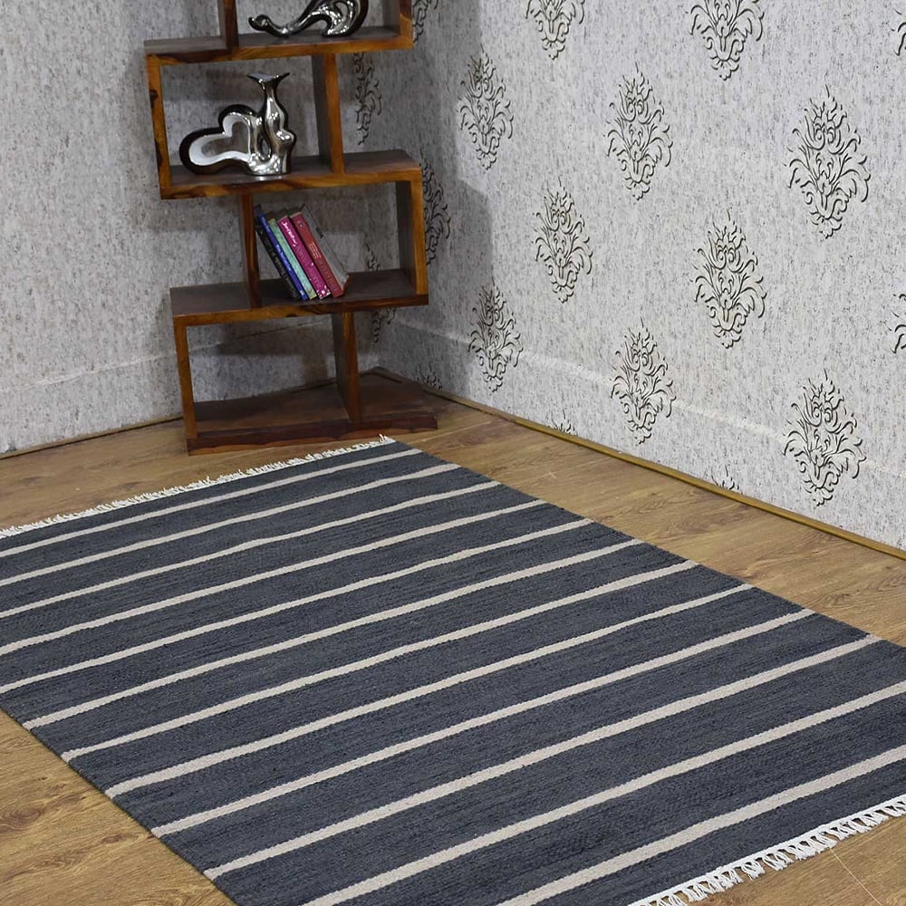 Rugsotic Carpets Handmade Rugs Hand Woven Kilim Rectangle 3'x5' Charcoal Cream Wool for Indoor Use