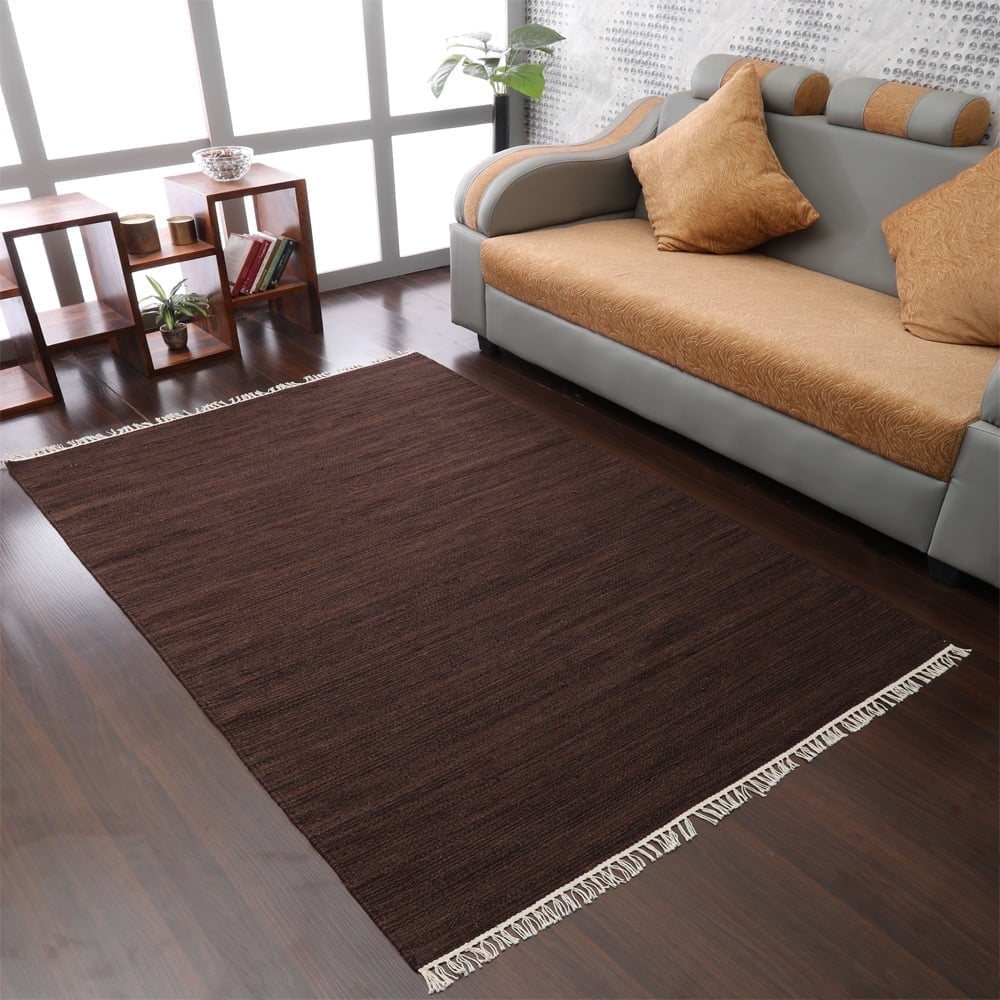 Rugsotic Carpets Handmade Rugs Hand Woven Kilim Rectangle 4'x6' Dark Brown Wool for Indoor Use