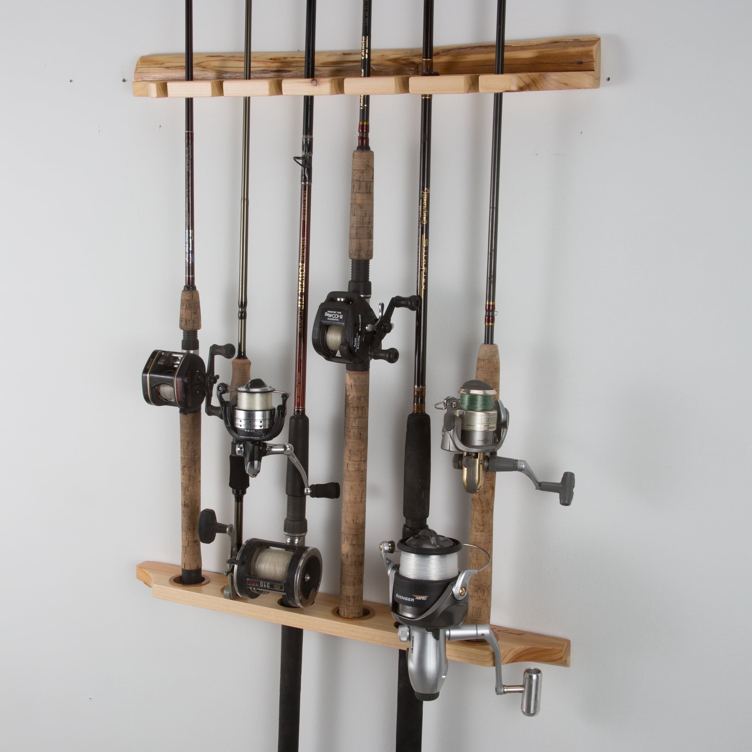 Rush Creek Creations 6 Fishing Rod Wall & Ceiling Rack, Rustic Wood Fishing Rod Holder, Vertical/Horizontal Mount