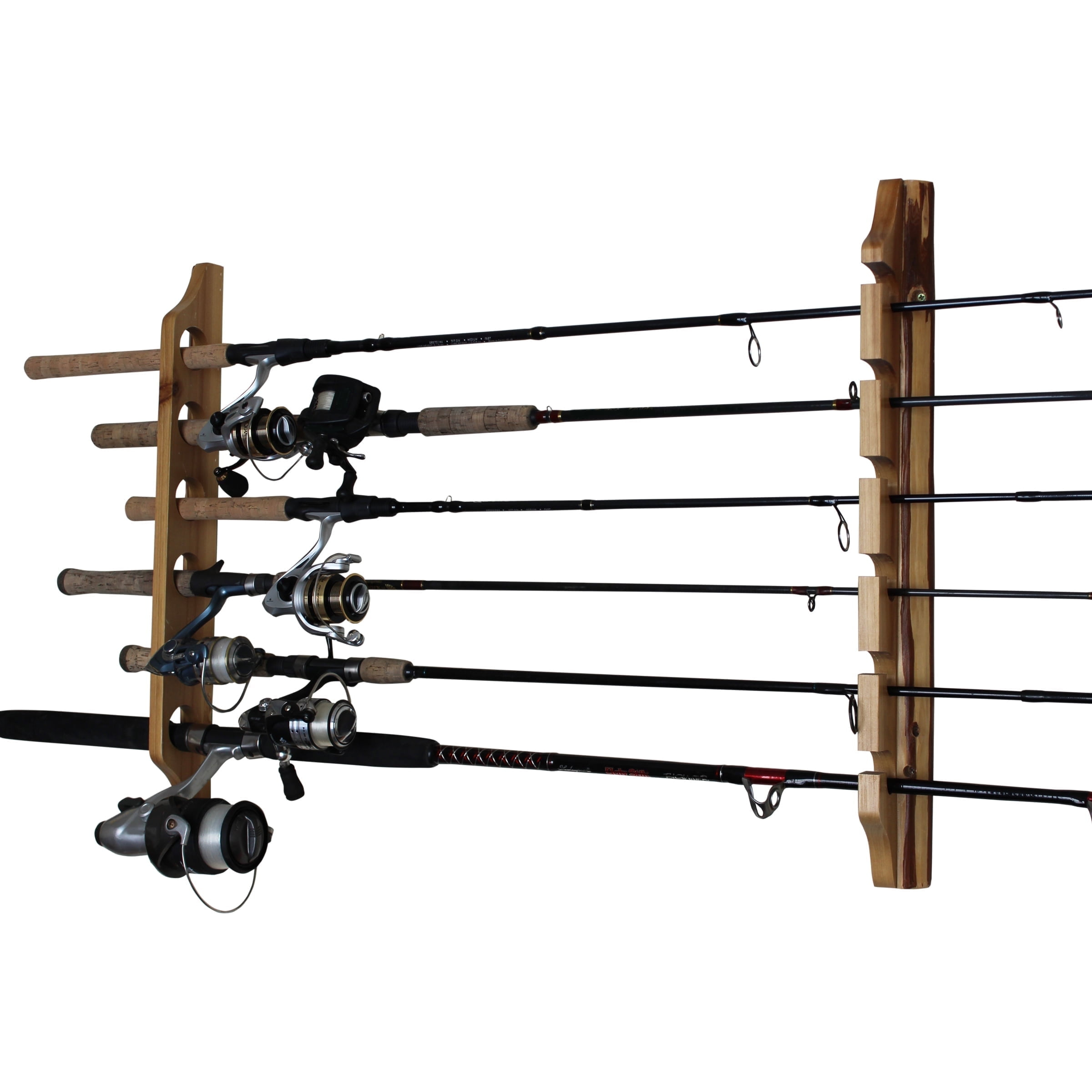 Rush Creek Creations 6 Fishing Rod Wall & Ceiling Rack, Rustic Wood Fishing Rod Holder, Vertical/Horizontal Mount