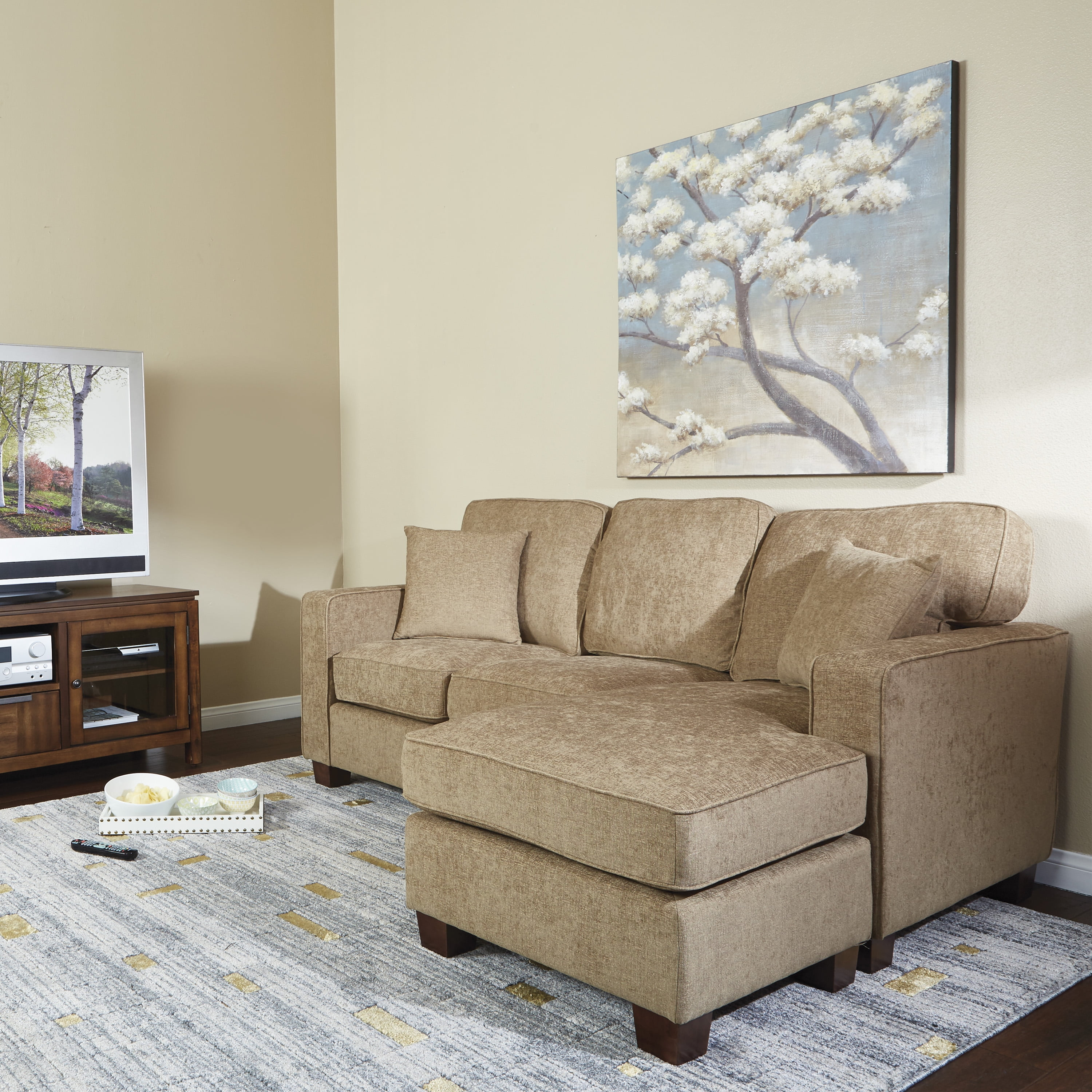 Russell Sectional in Earth Brown fabric with 2 Pillows and Coffee Finished Legs