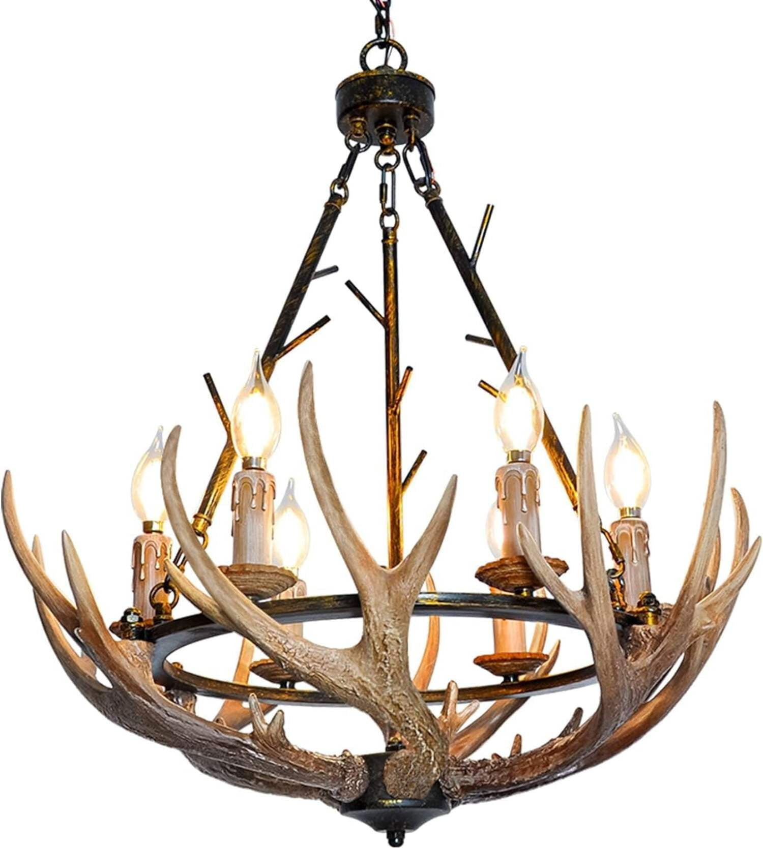 Rustic Antler Chandelier 6 Lights, Farmhouse Chandeliers with Resin 6 Antlers and Retro Metal Wagon Wheel Chandelier Vintage Style for Dining Room, Kitchen, Island, Living Room UL Listed