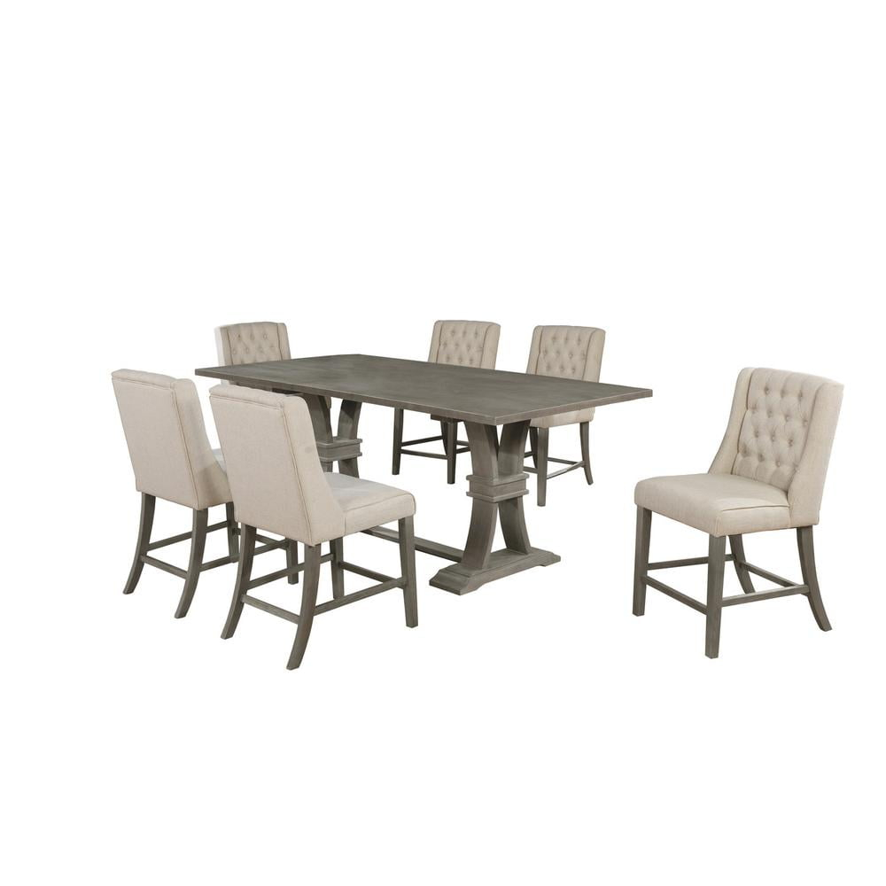 Rustic Counter-height Gray Wood 7pc Dining Set with Beige Linen Chairs