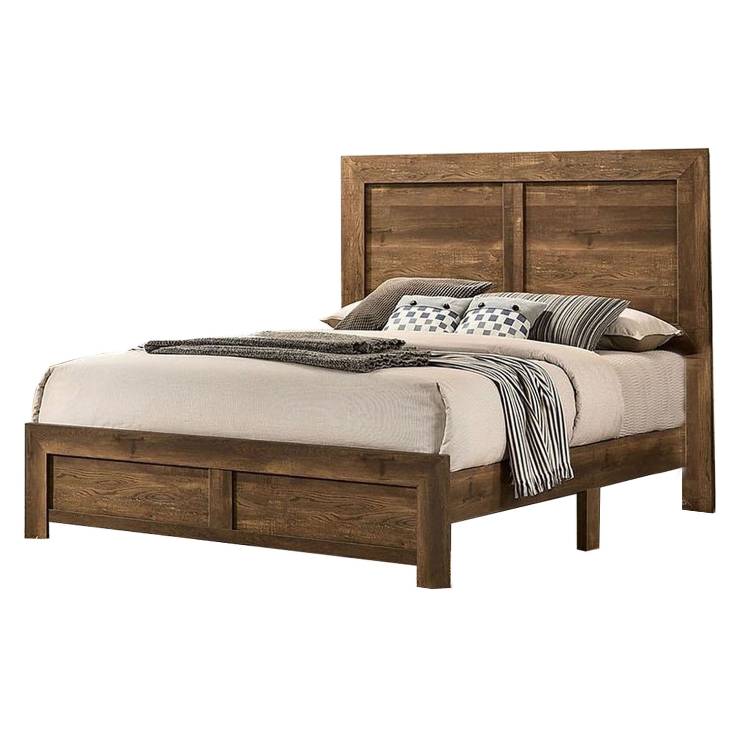 Benjara Rustic Style Wooden Queen Bed with Grain Details, Brown