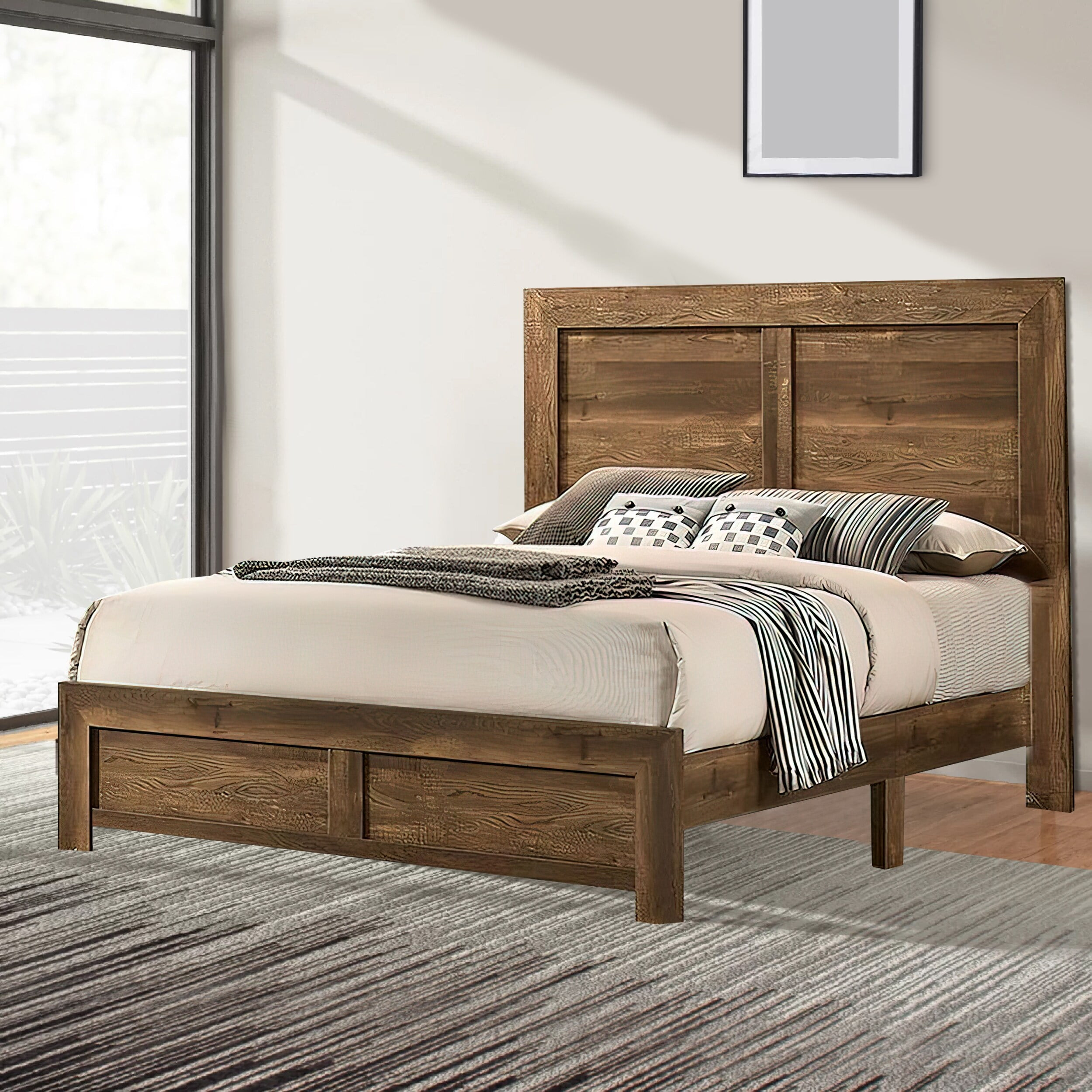 Benjara Rustic Style Wooden Queen Bed with Grain Details, Brown