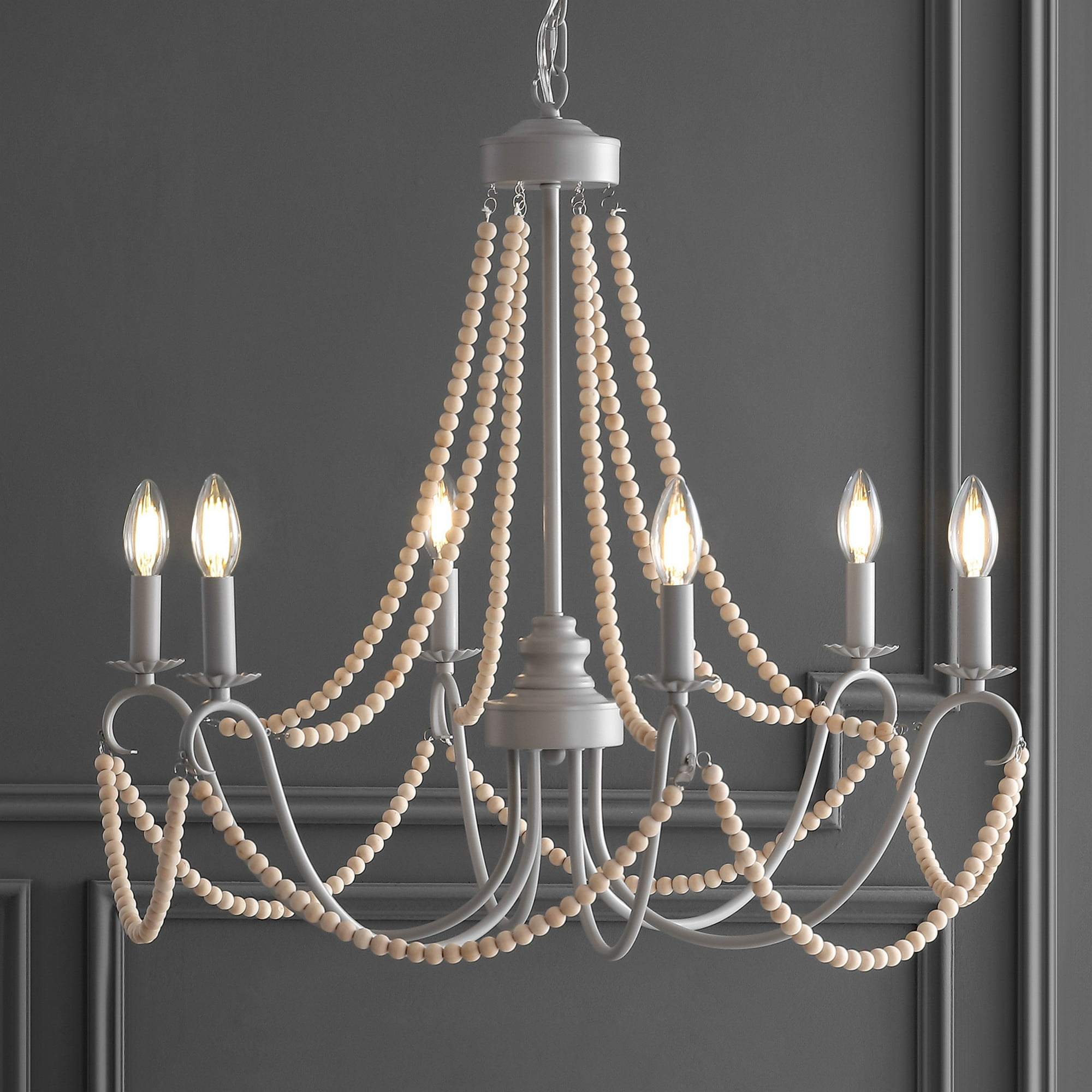 Rustica 6-Light 27" Adjustable Greige Metal/Wood Bead LED Chandelier, Grey/Natural