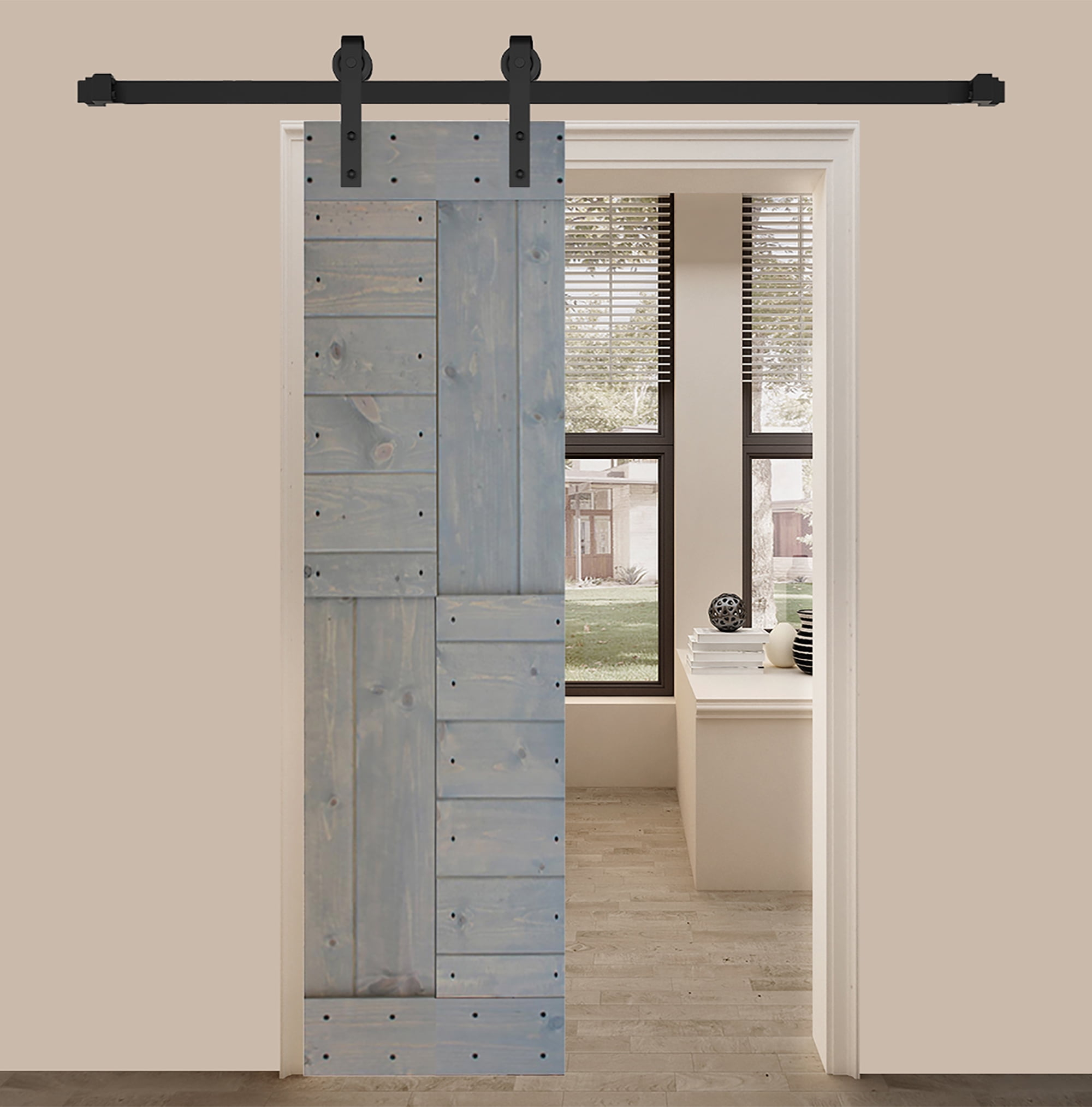 S SERIES 24in. X 84in.French Gray Finished DIY Knotty Pine Wood Sliding Barn Door Slab