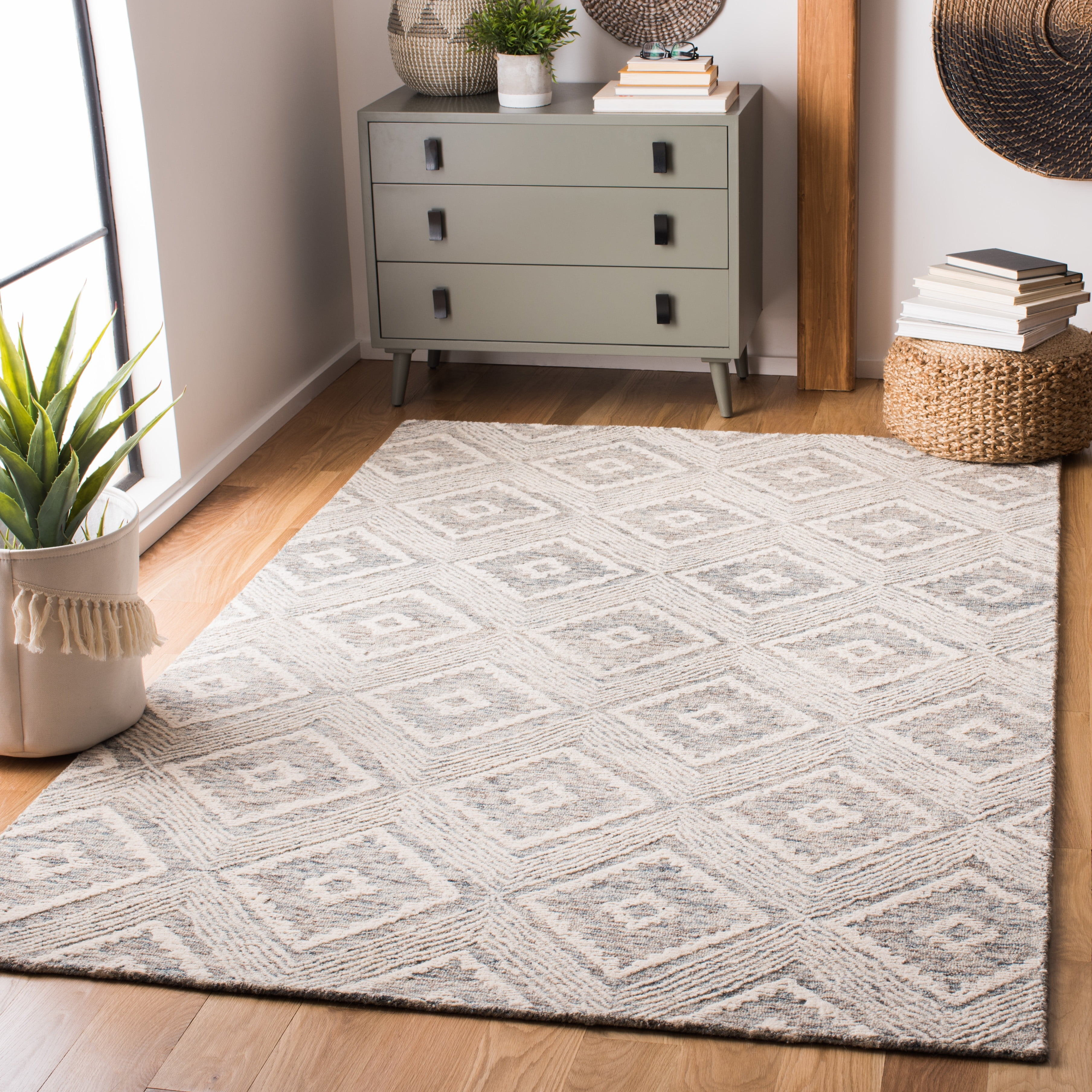 SAFAVIEH Abstract Louise Geometric Wool Area Rug, Ivory/Denim, 9' x 12'