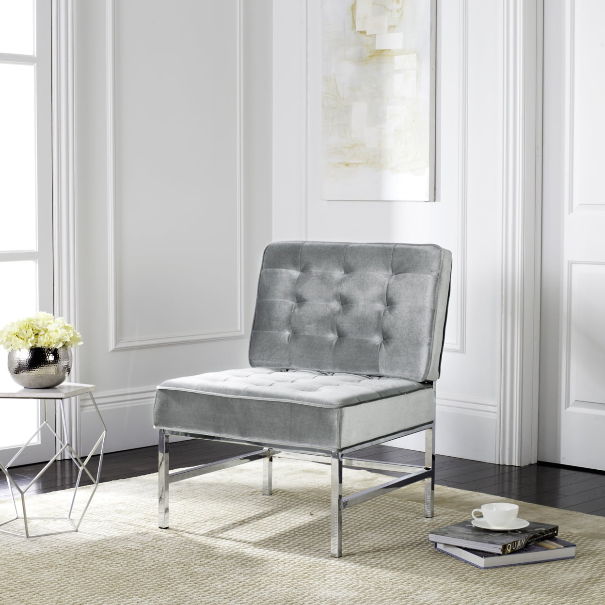 SAFAVIEH Ansel Modern Tufted Linen Chrome Accent Chair, Light Grey