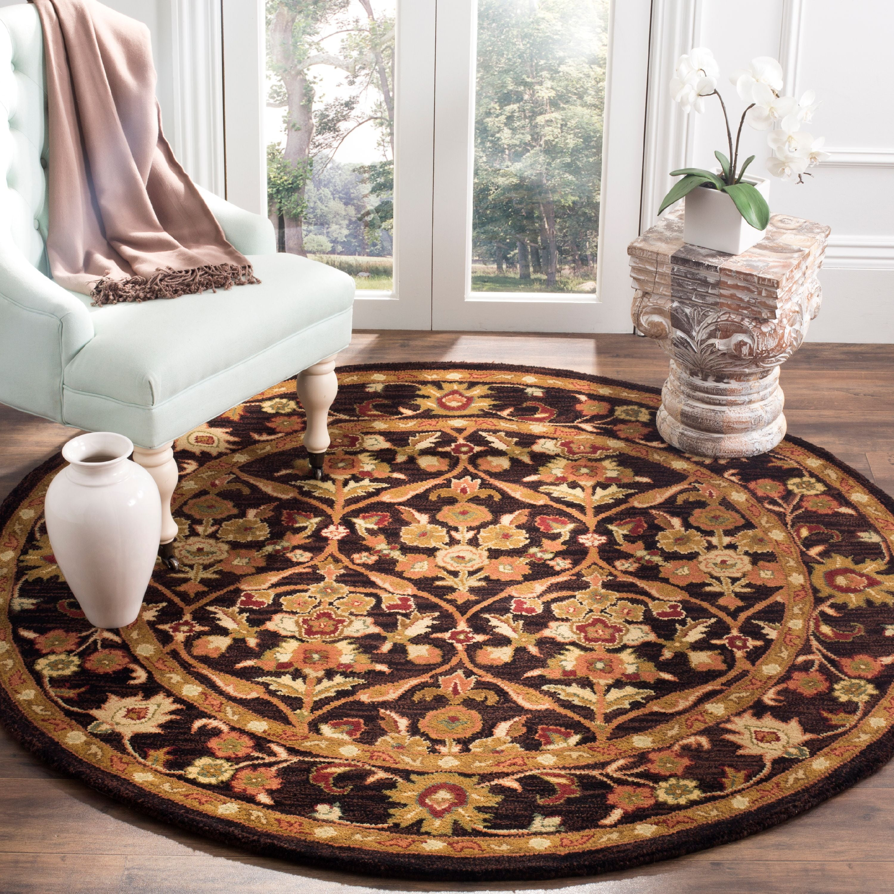 SAFAVIEH Antiquity Francine Oriental Wool Area Rug, Dark Plum/Gold, 8' x 8' Round