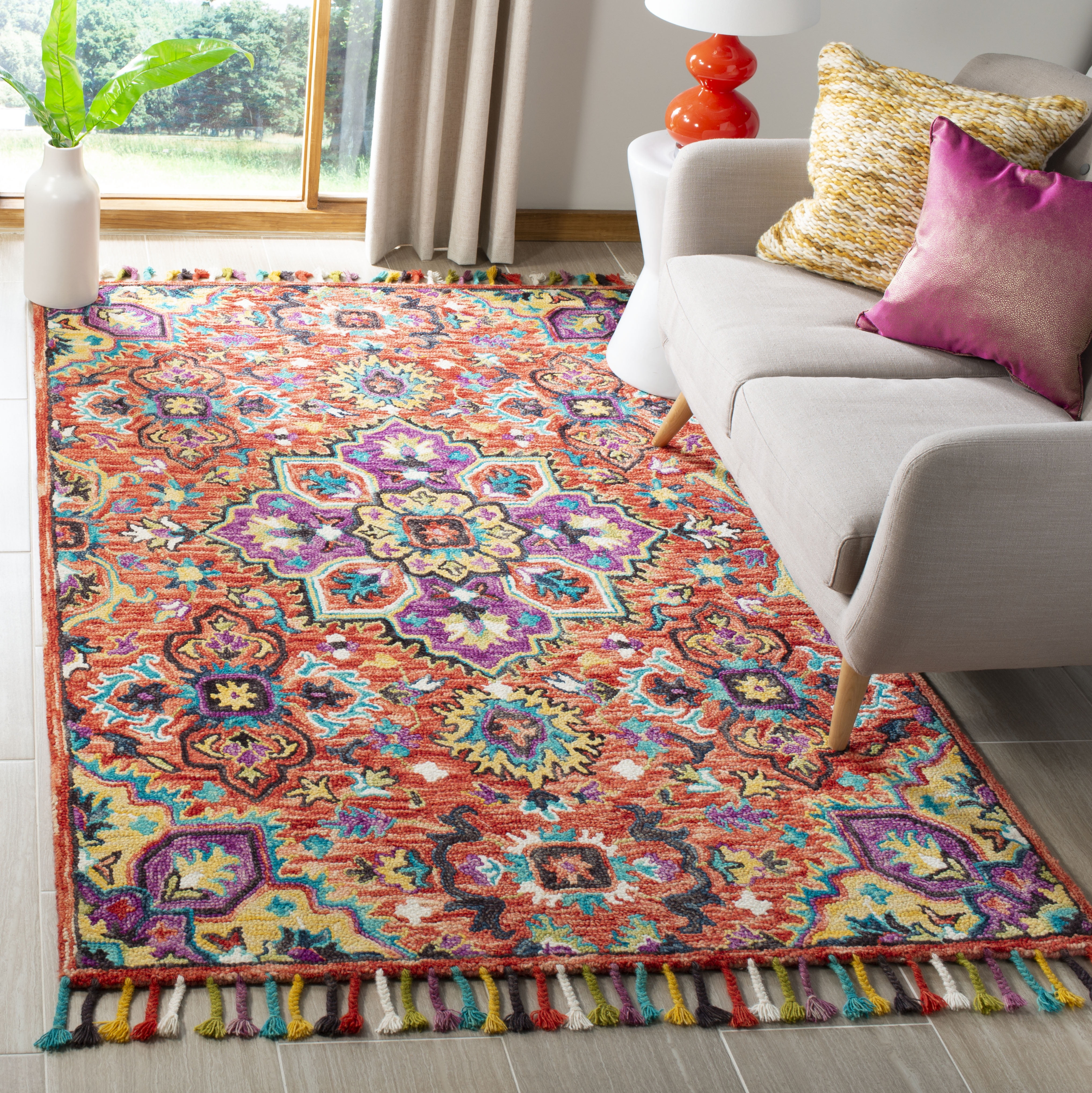 SAFAVIEH Alfombra de Área de Lana Floral Geométrica Aspen Nikeisha, Rojo/oro, 6' x 9'