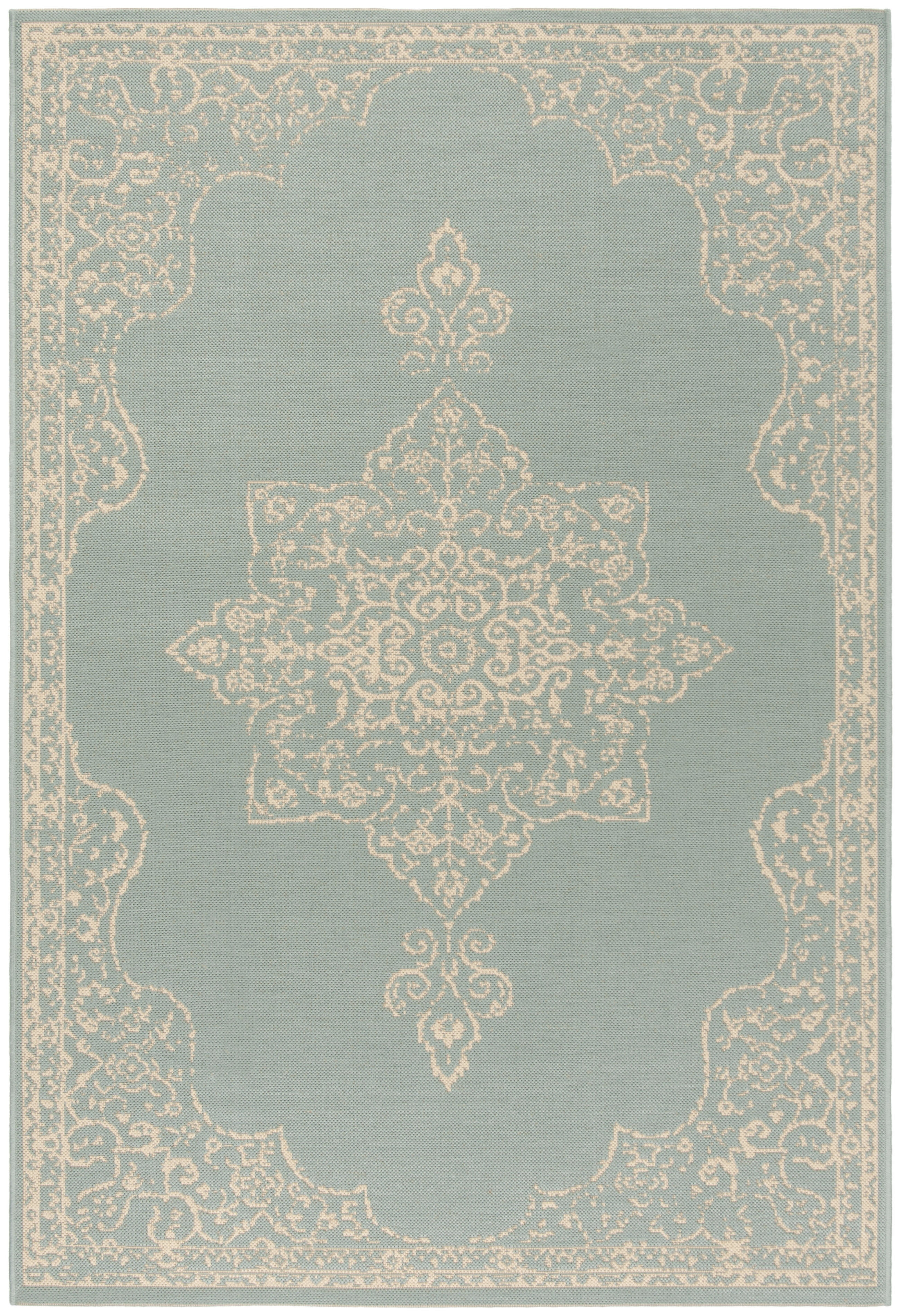 SAFAVIEH Beach House Janine Medallion Indoor/Outdoor Area Rug, Cream/Aqua, 2'2" x 4'