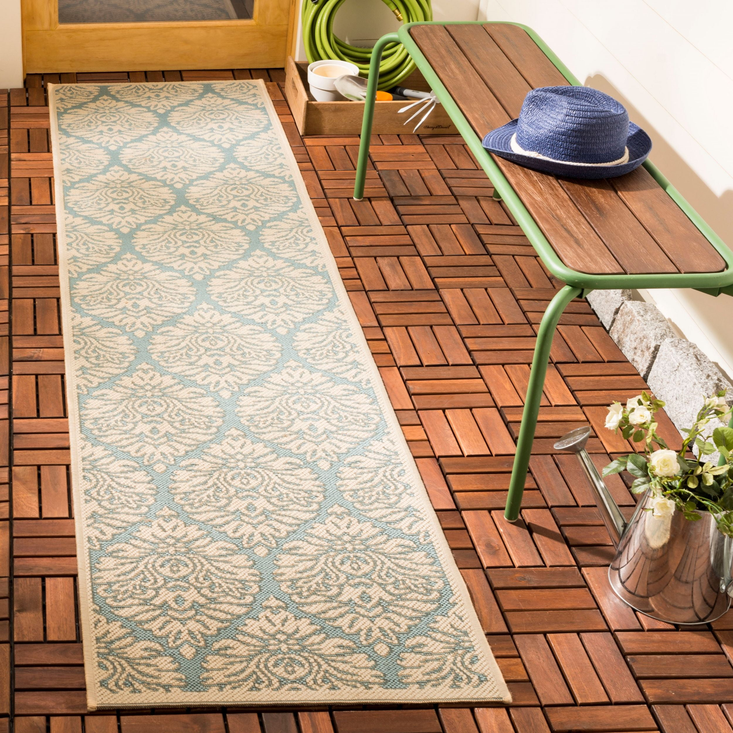 SAFAVIEH Beach House Lennox Damask Indoor/Outdoor Runner Rug Aqua/Cream, 2' x 8'