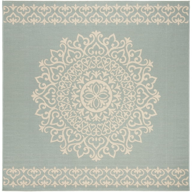 Beach House BHS183 POWER LOOMED Indoor/Outdoor Area Rug - Cream/Aqua - 4'x4' - Safavieh
