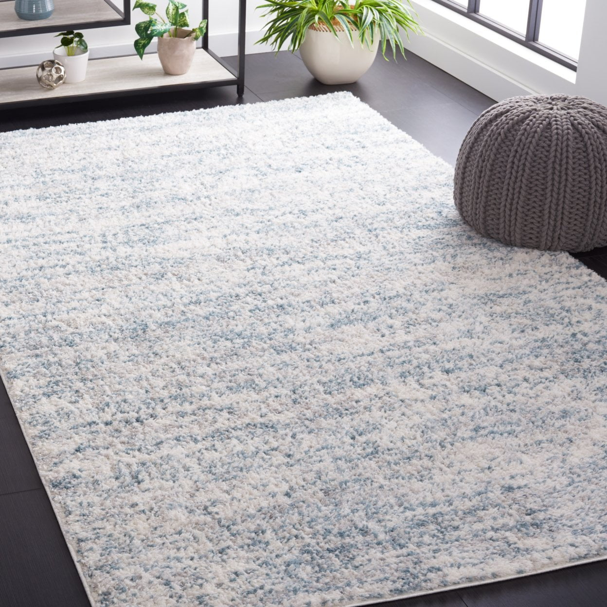 SAFAVIEH Berber Shag Torvald Abstract Area Rug, Ivory/Light Aqua, 9' x 12'