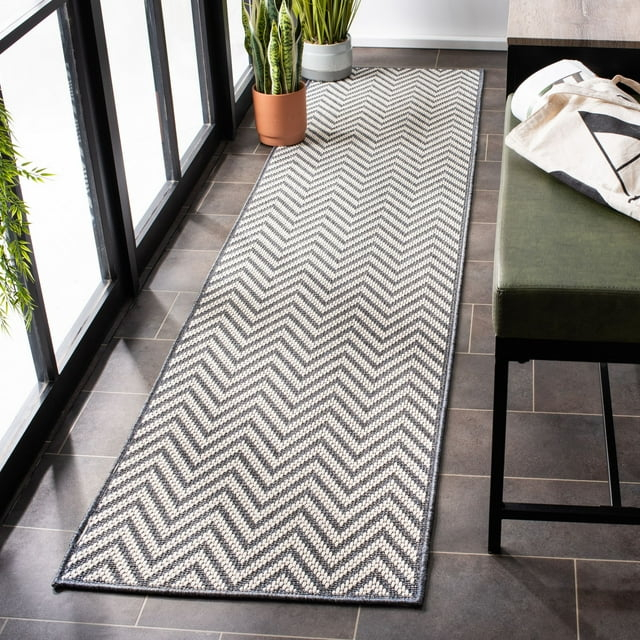 SAFAVIEH Bermuda Amina Geometric Chevron Indoor/Outdoor Runner Rug Light Blue/Cream, 2' x 8'