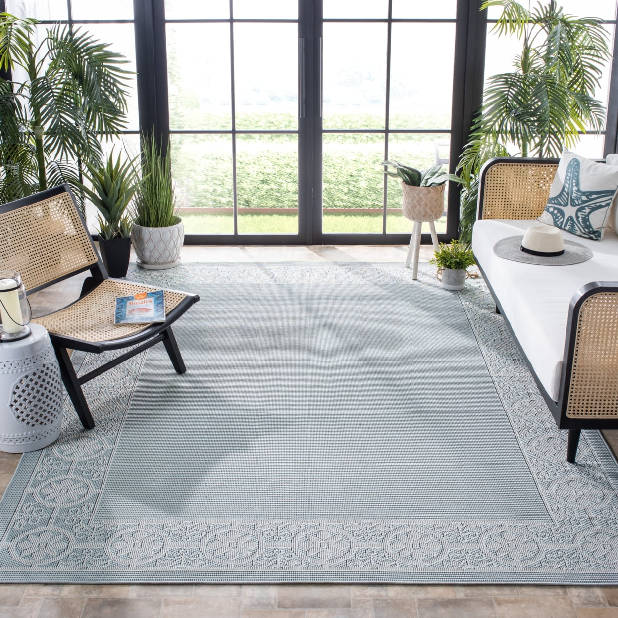 SAFAVIEH Bermuda Zoey Floral Bordered Indoor/Outdoor Area Rug Light Blue/Ivory, 6'7" x 6'7" Square