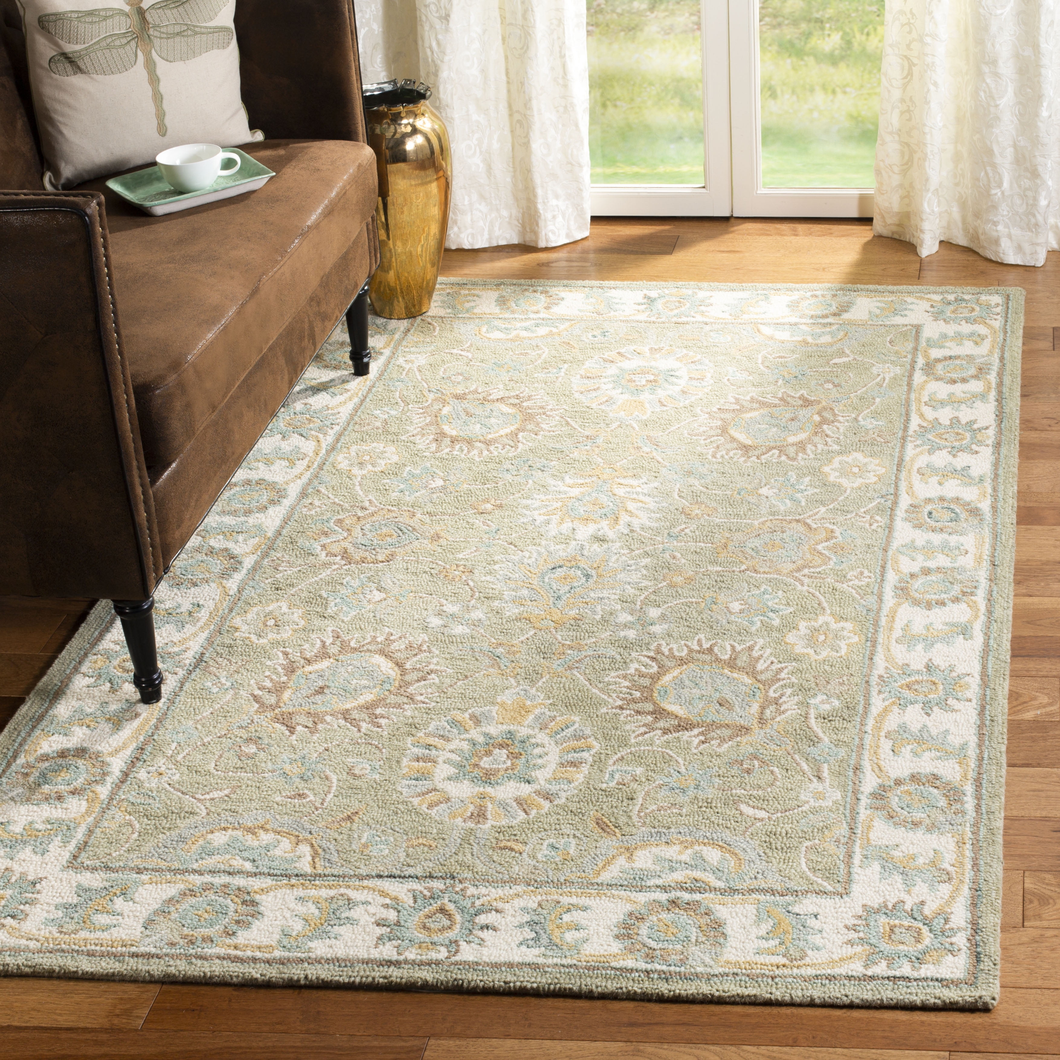 SAFAVIEH Blossom Fletcher Floral Bordered Wool Area Rug, Sage/Ivory, 8' x 10'