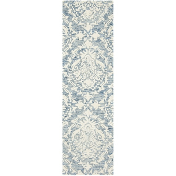 SAFAVIEH Blossom Kestrel Damask Wool Runner Rug, Blue/Ivory, 2'3" x 8'