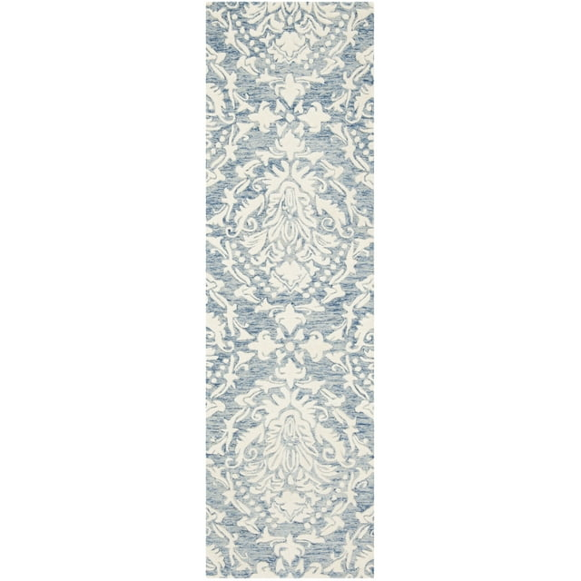 SAFAVIEH Blossom Kestrel Damask Wool Runner Rug, Blue/Ivory, 2'3" x 8'