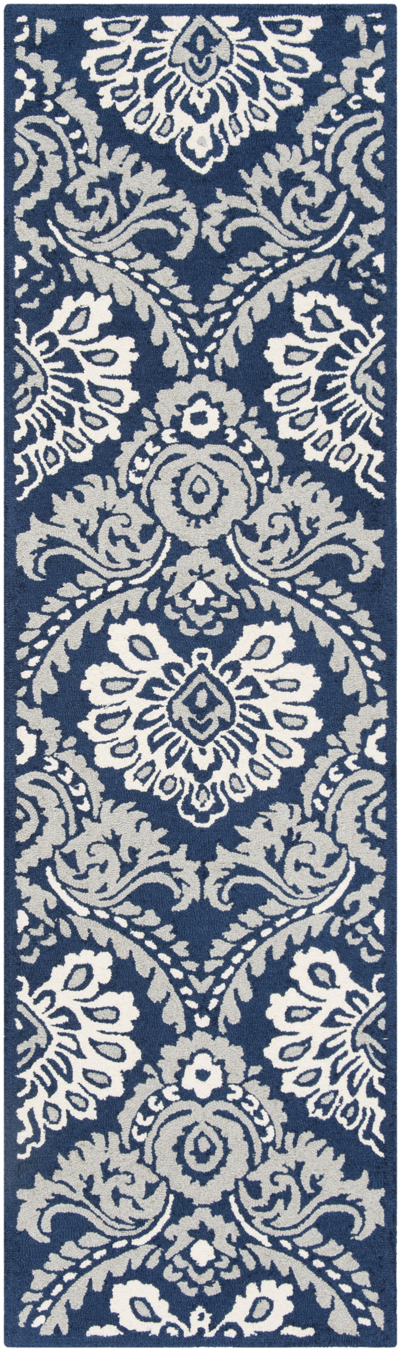 SAFAVIEH Blossom Travis Damask Wool Runner Rug, Navy/Ivory, 2'3" x 8'