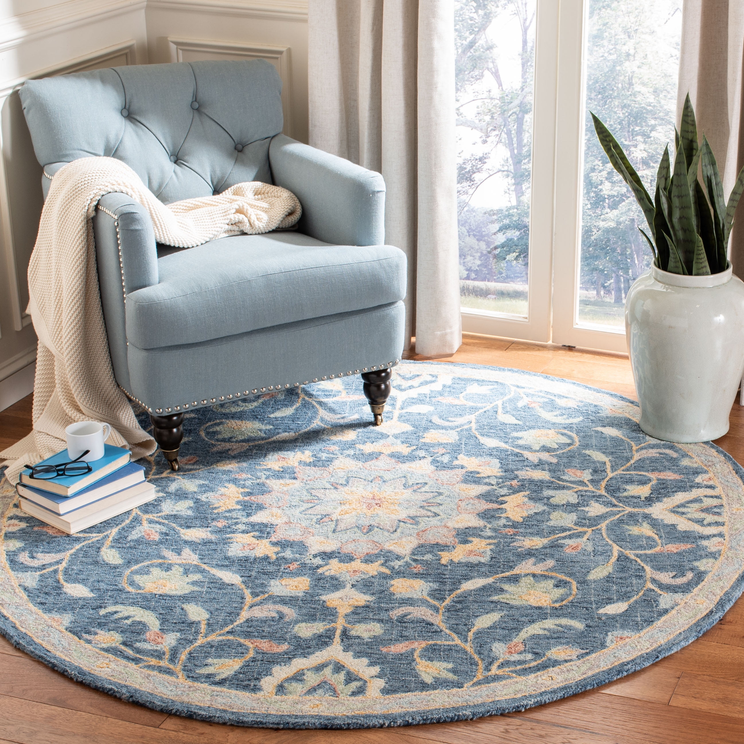 Blossom BLM813 Hand Tufted Area Rug - Navy/Multi - 6' Round - Safavieh.