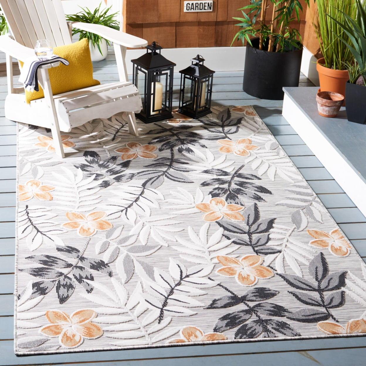 SAFAVIEH Cabana Blazhe Botanical Indoor/Outdoor Runner Rug, Grey/Ivory, 2' x 9'
