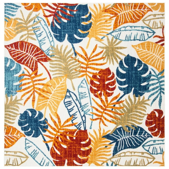 SAFAVIEH Cabana Kuzman Botanical Indoor/Outdoor Area Rug, Creme/Red, 6'7" x 6'7" Square