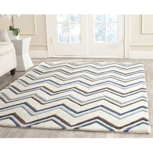 SAFAVIEH Cambridge Ravenna Zig Zag Stripes Wool Area Rug, Ivory/Blue, 5' x 8'
