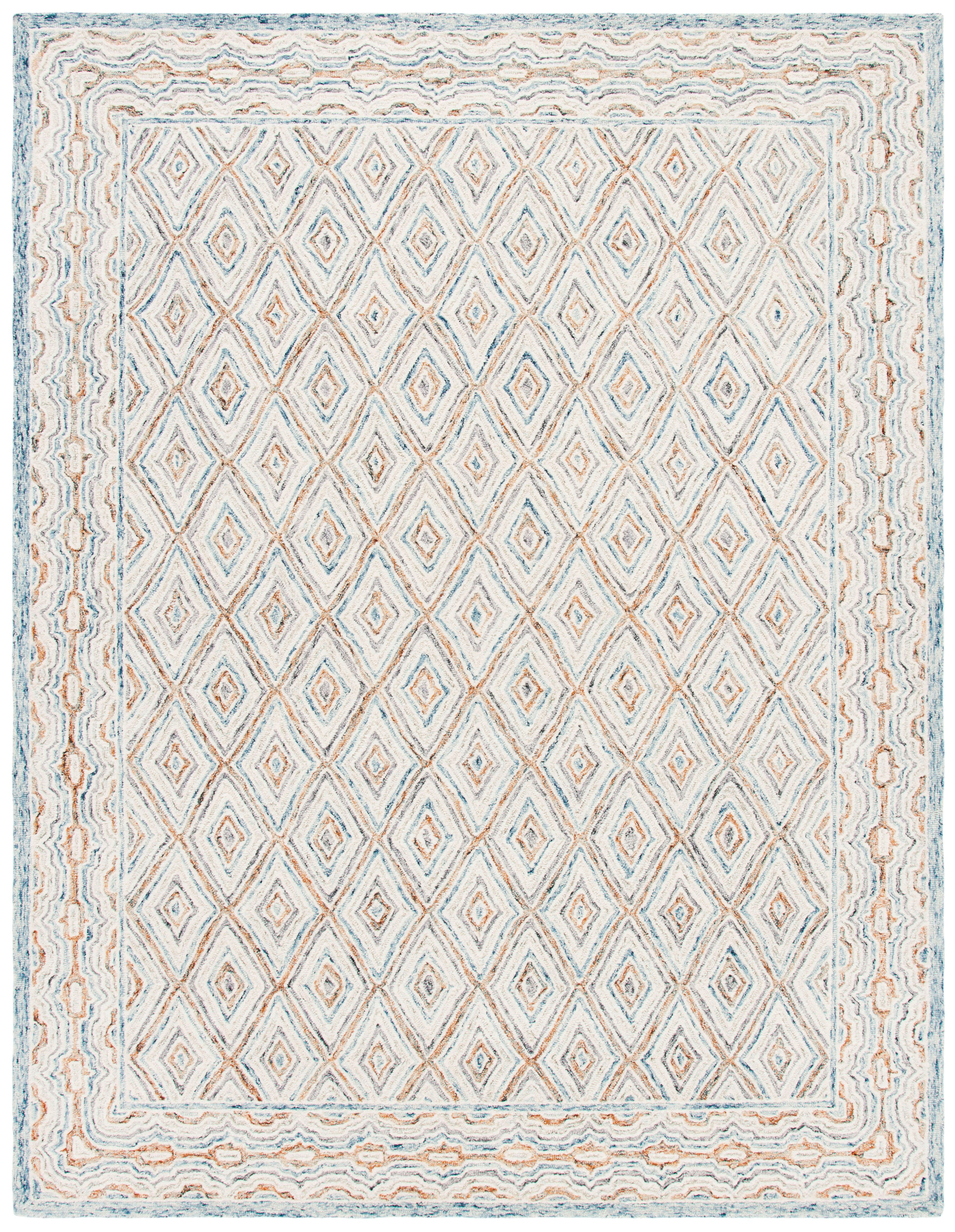 SAFAVIEH Capri Blair Diamond Wool Area Rug, Blue/Rust, 9' x 12'