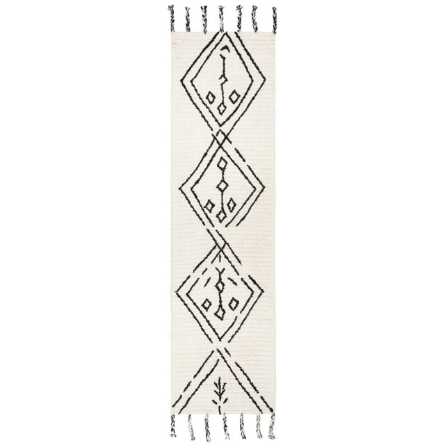 SAFAVIEH Casablanca Otis Abstract Moroccan Wool Shag Runner Rug, Ivory/Black, 2'3" x 8'