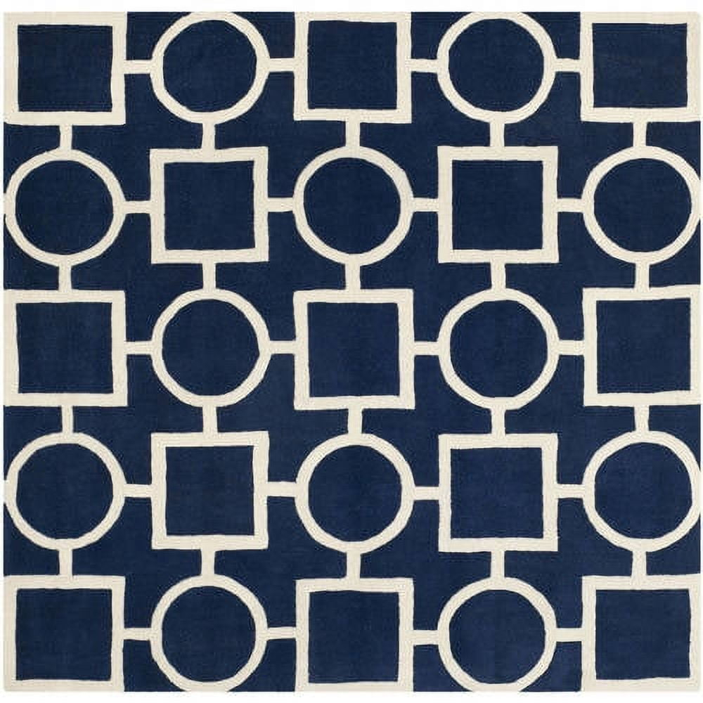 SAFAVIEH Chatham Francis Geometric Wool Area Rug, Dark Blue/Ivory, 7' x 7' Square