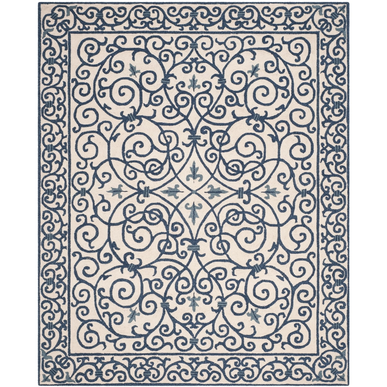 SAFAVIEH Chelsea Aragon Geometric Borders Wool Area Rug, Ivory/Dark Blue, 3' x 3' Round