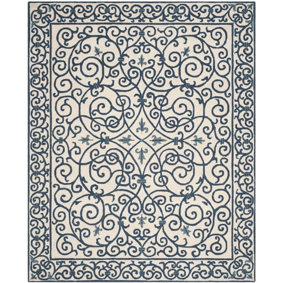 SAFAVIEH Chelsea Aragon Geometric Borders Wool Area Rug, Ivory/Dark Blue, 3' x 3' Round