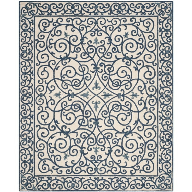 SAFAVIEH Chelsea Aragon Geometric Borders Wool Area Rug, Ivory/Dark Blue, 3' x 3' Round