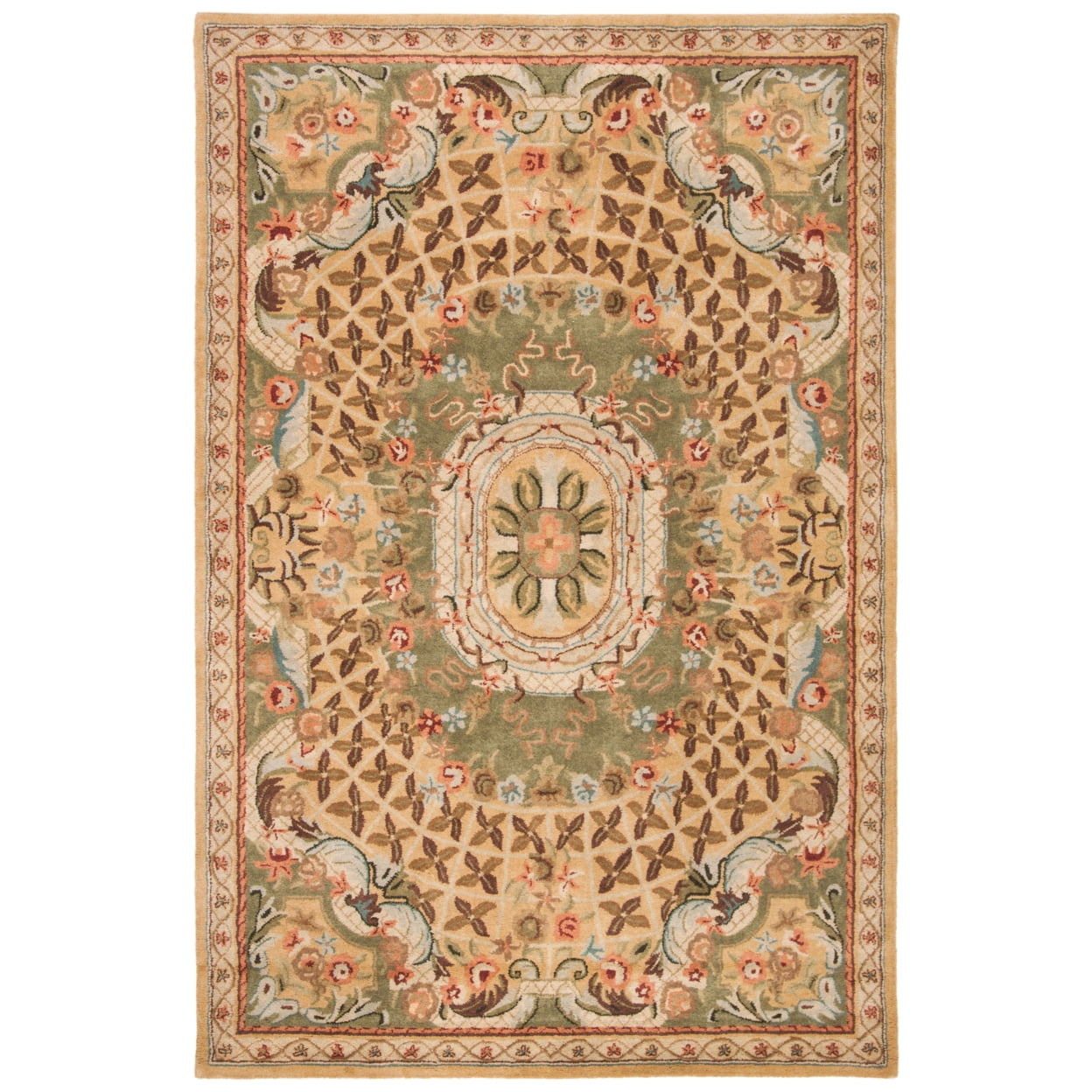 SAFAVIEH Classic Chandler Floral Bordered Wool Area Rug, Taupe/Light Green, 6' x 9'