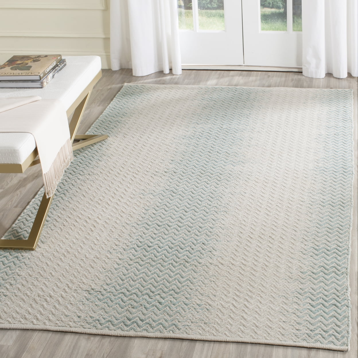 SAFAVIEH Cotton Kilim Otis Overdyed Chevron Cotton Area Rug, Light Green/Ivory, 4' x 6'
