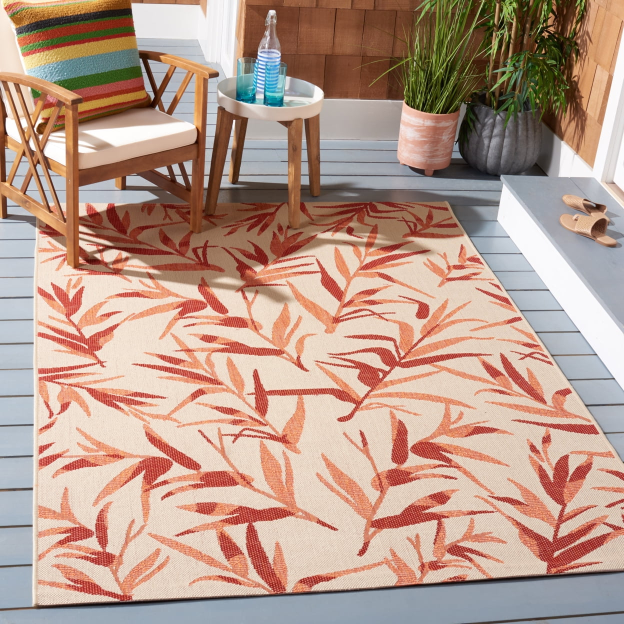 SAFAVIEH Courtyard Alannis Botanical Indoor/Outdoor Area Rug, Beige/Terracotta, 9' x 12'