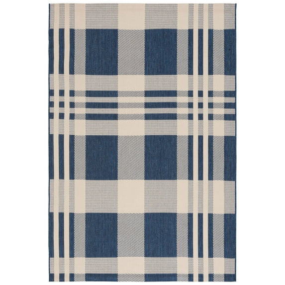 SAFAVIEH Courtyard Benjamin Plaid Indoor/Outdoor Area Rug, Navy/Beige, 4' x 5'7"