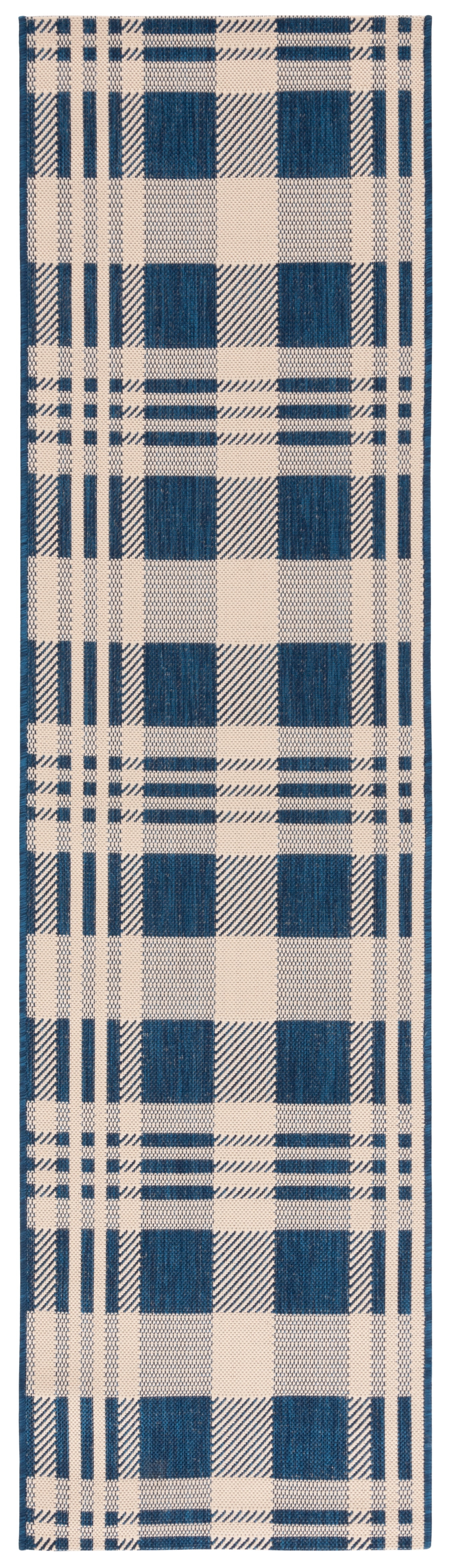 SAFAVIEH Courtyard Benjamin Plaid Indoor/Outdoor Runner Rug, Navy/Beige, 2'3" x 6'7"