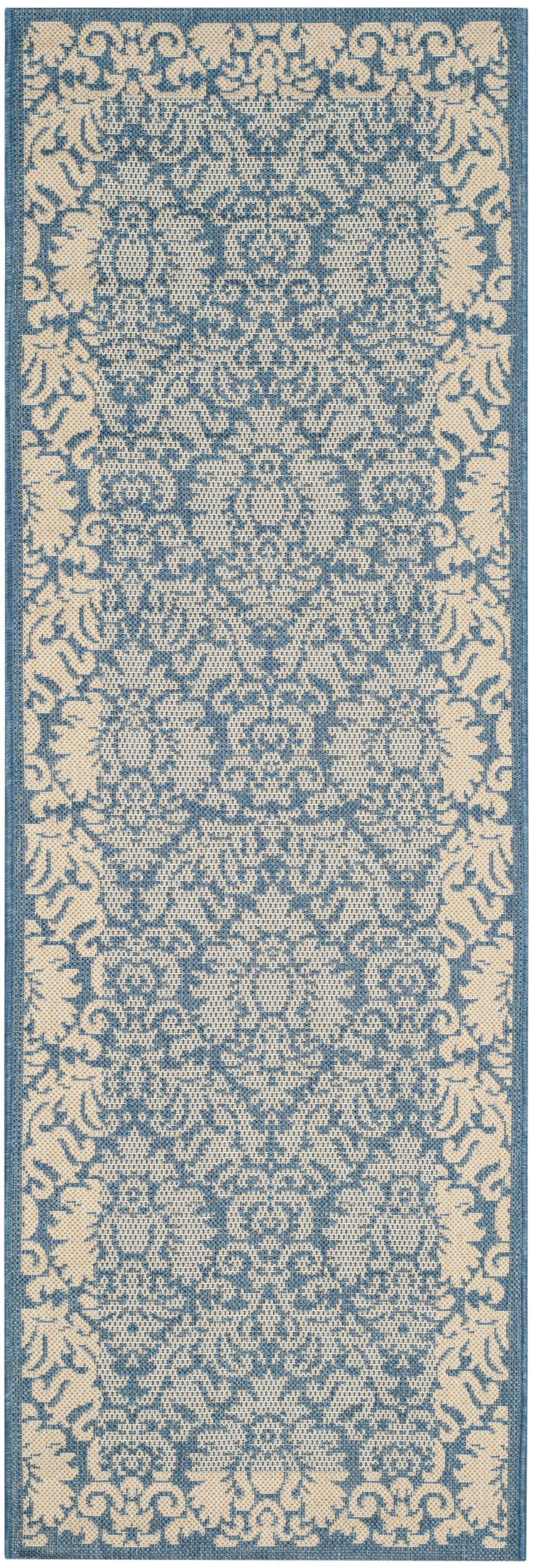 SAFAVIEH Courtyard Dani Damask Bordered Indoor/Outdoor Runner Rug, 2'3" x 12', Blue/Natural