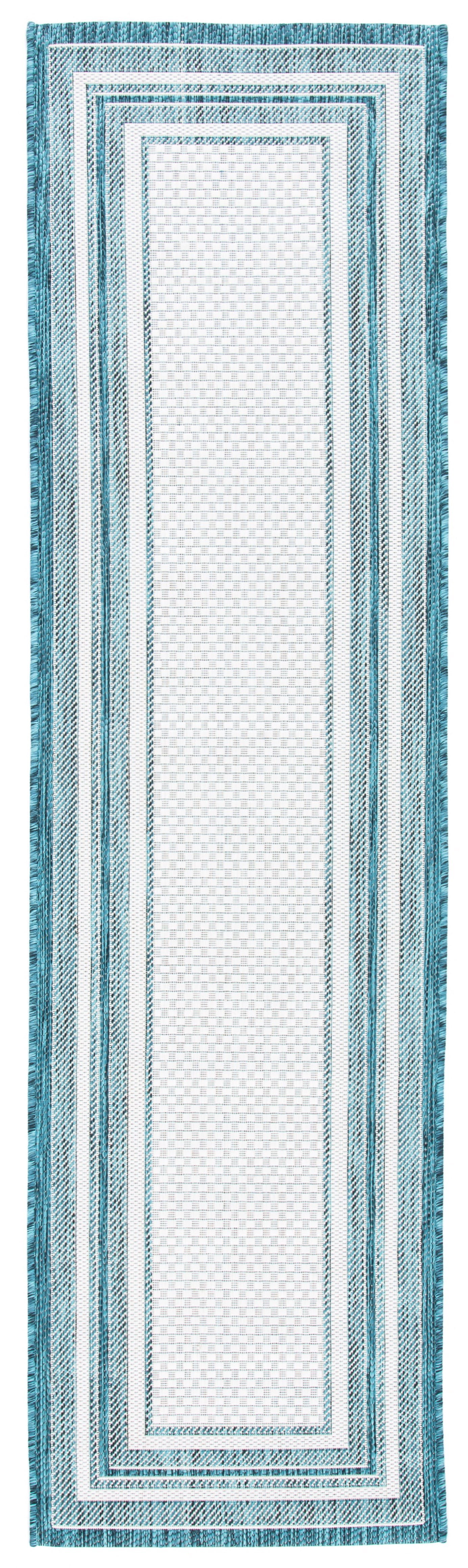 SAFAVIEH Courtyard Ercan Bordered Indoor/Outdoor Runner Rug, Ivory/Teal, 2'3" x 6'7"