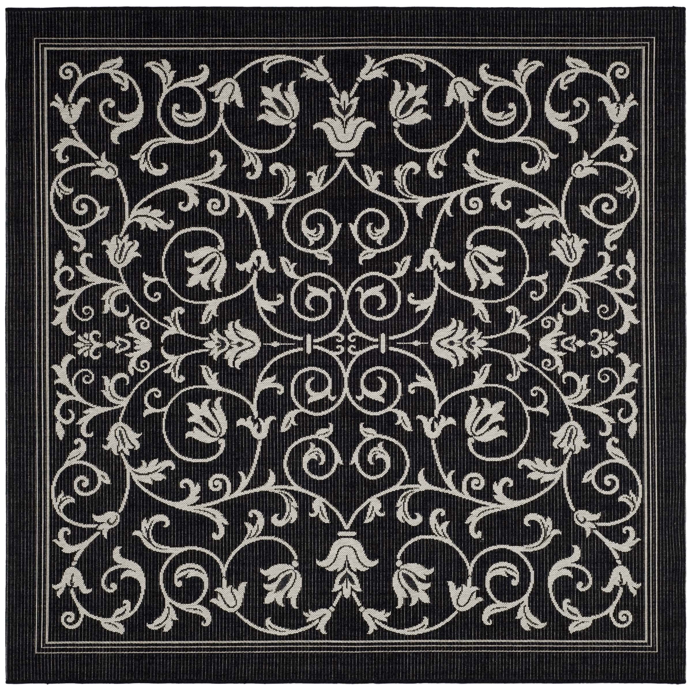 SAFAVIEH Courtyard Nanda Floral Indoor/Outdoor Area Rug, 7'10" x 7'10" Square, Black/Sand