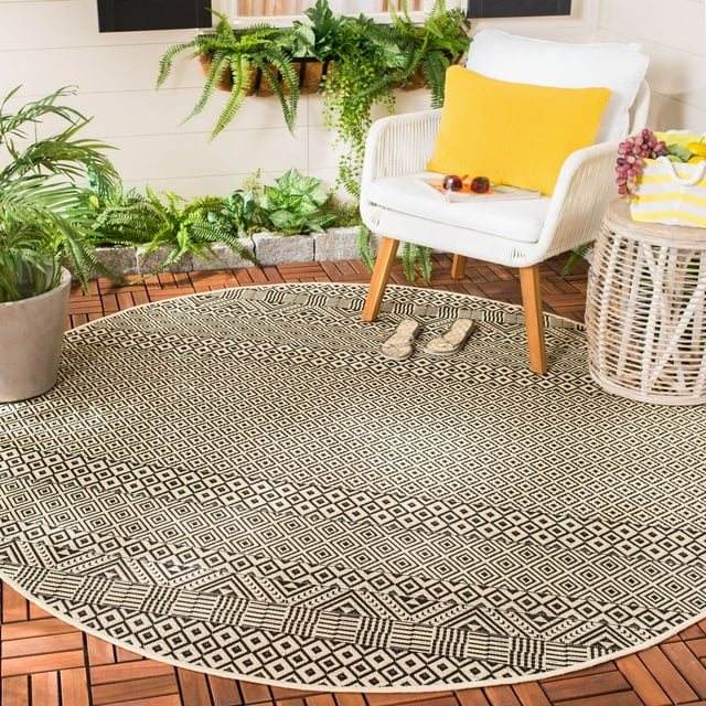 Courtyard CY6235 Power Loomed Indoor and Outdoor Area Rug - Beige/Black - 5'3" Round - Safavieh