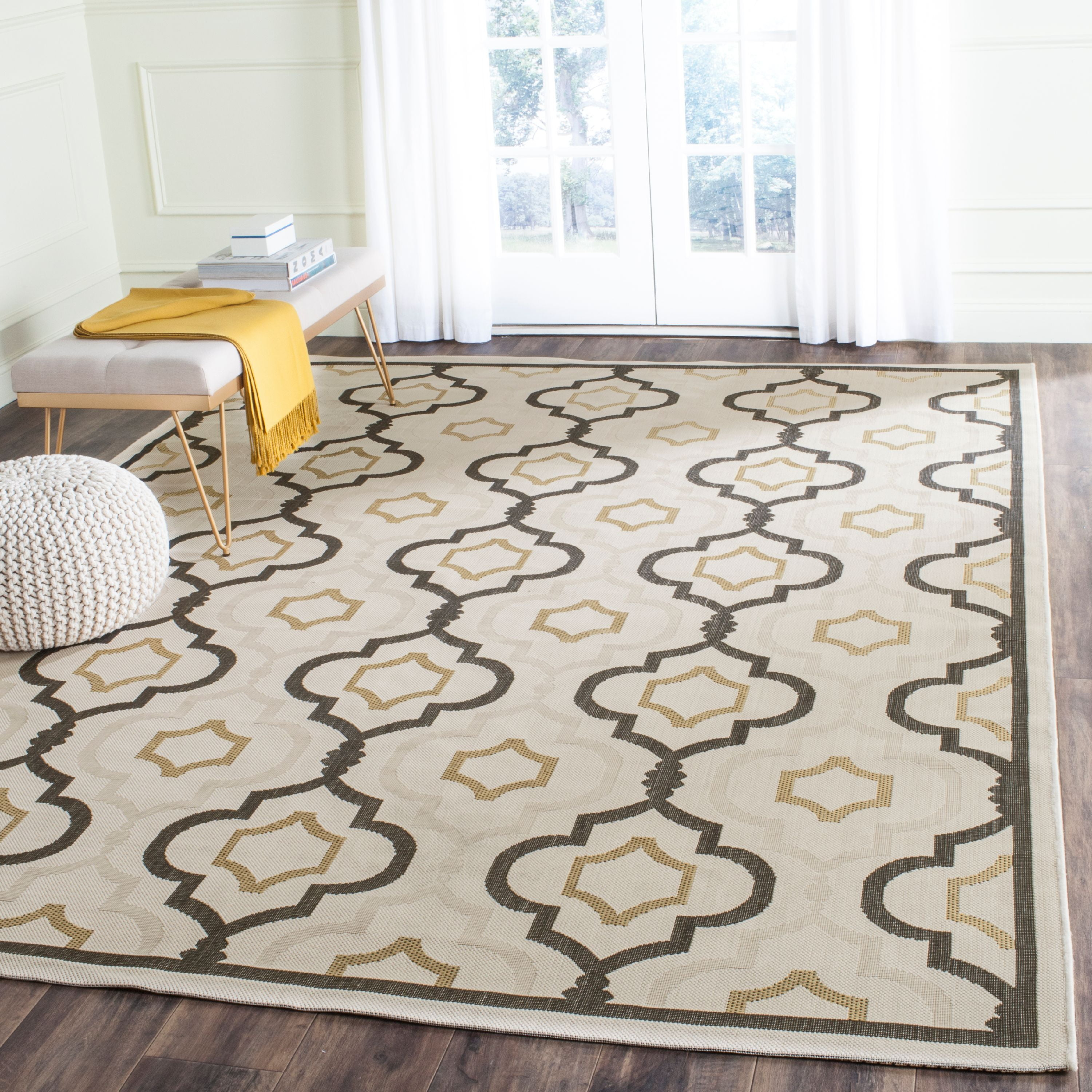SAFAVIEH Courtyard Nina Geometric Trellis Indoor/Outdoor Area Rug, Beige Black/Yellow, 9' x 12'