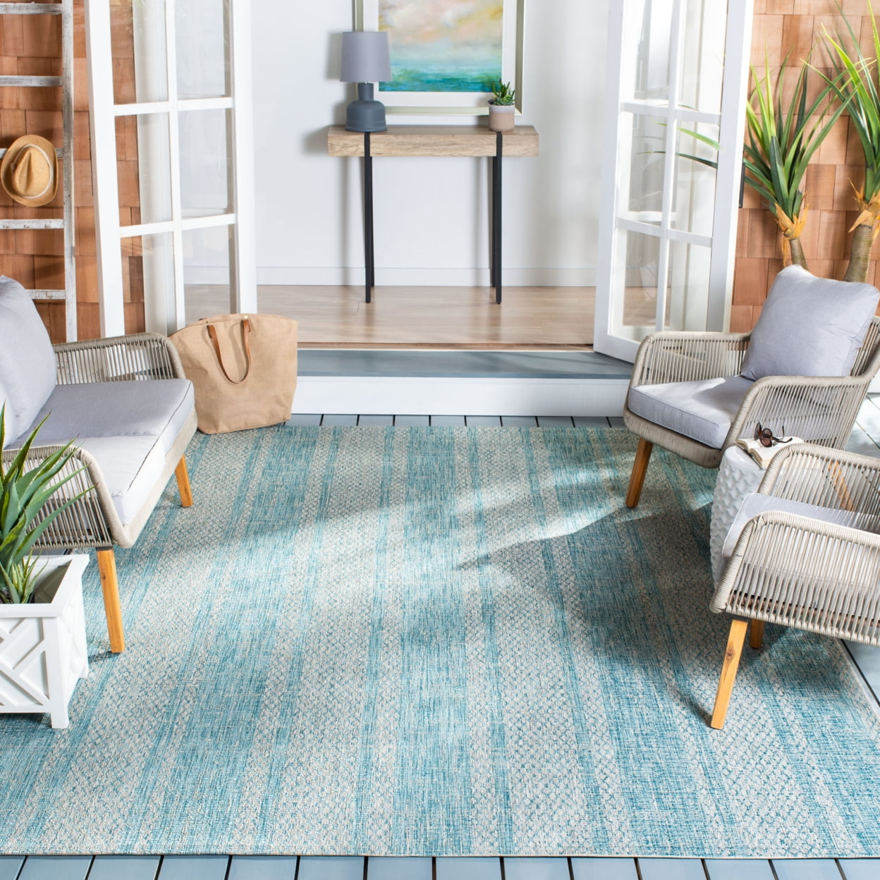SAFAVIEH Courtyard Robert Striped Indoor/Outdoor Runner, 2'3" x 8', Light Grey/Aqua