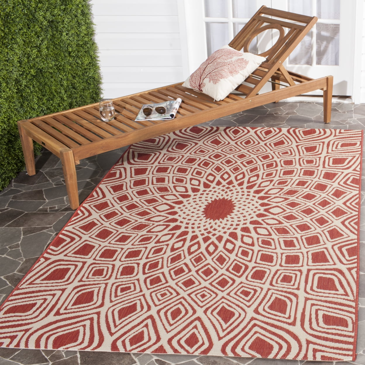 SAFAVIEH Courtyard Thane Abstract Indoor/Outdoor Runner Rug, Red/Beige, 2'3" x 8'