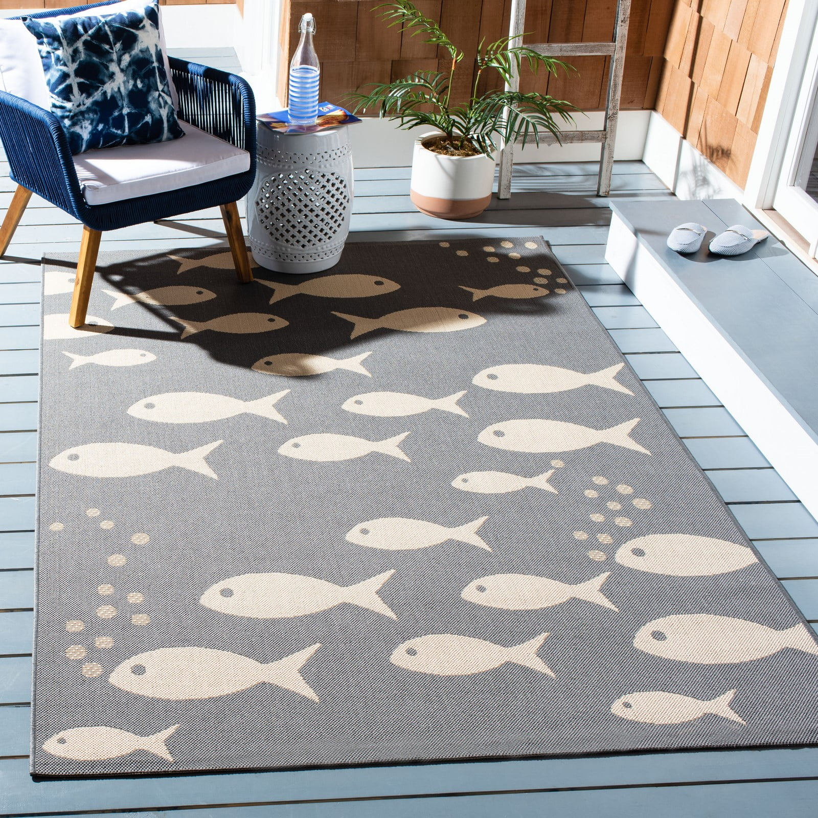 SAFAVIEH Courtyard Trena Fishes Indoor/Outdoor Area Rug, Dark Grey/Beige, 9' x 12'