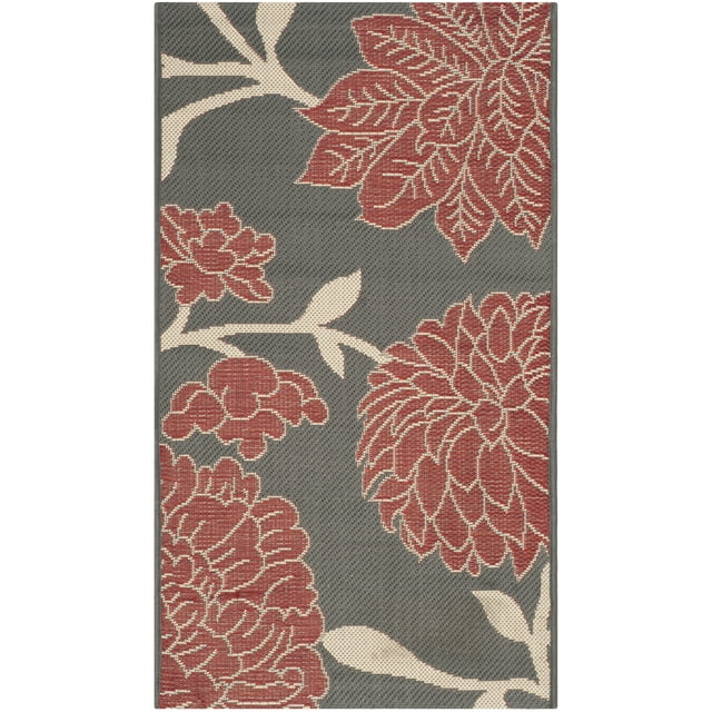 SAFAVIEH Courtyard Tyson Floral Indoor/Outdoor Area Rug, Anthracite/Red, 2'7" x 5'