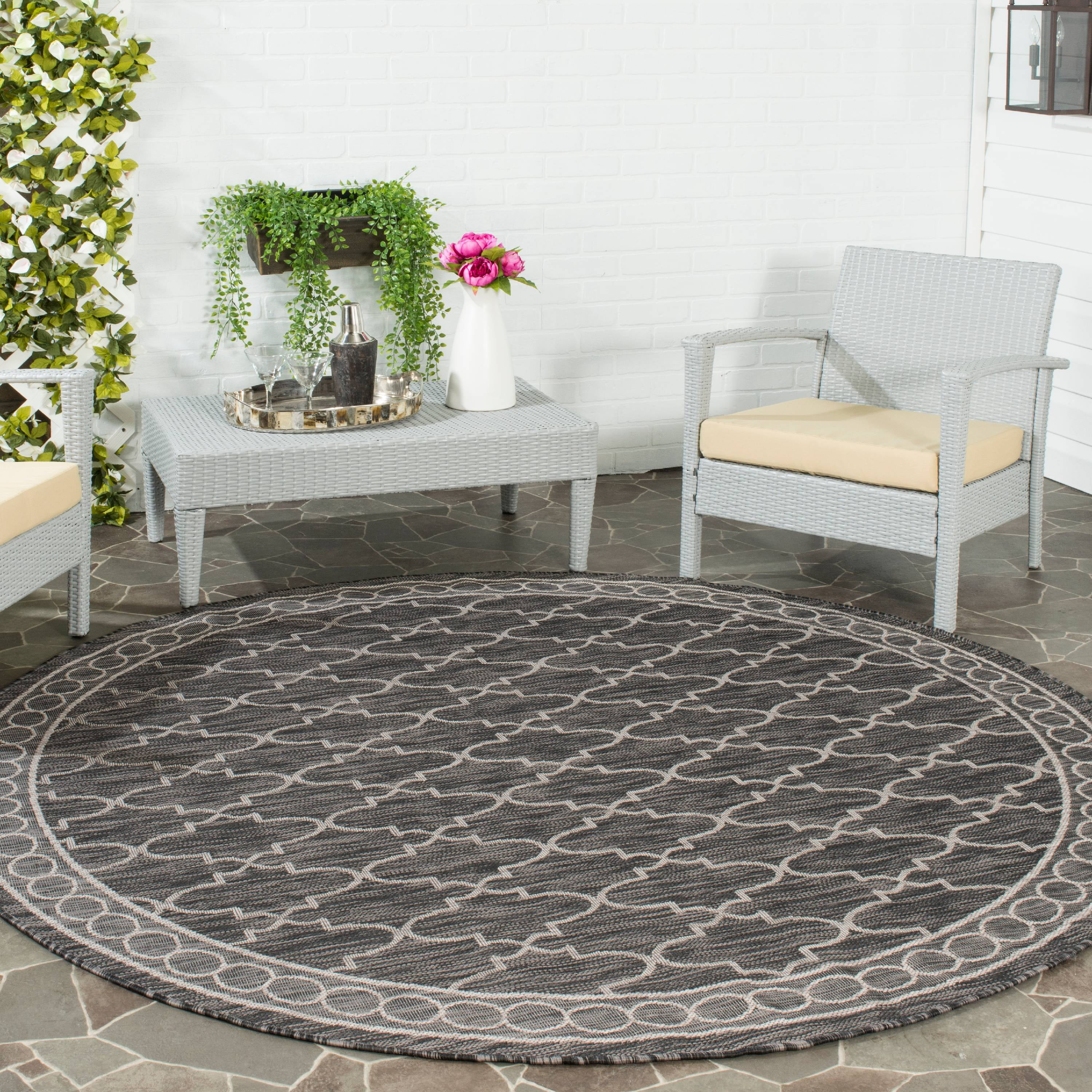 Courtyard CY8871 Power Loomed Indoor/Outdoor Area Rug - Black/Beige - 6'7" Round - Safavieh.